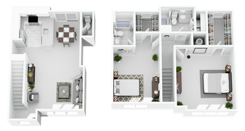 Two images of a house layout with a kitchen, living room, and bathroom.